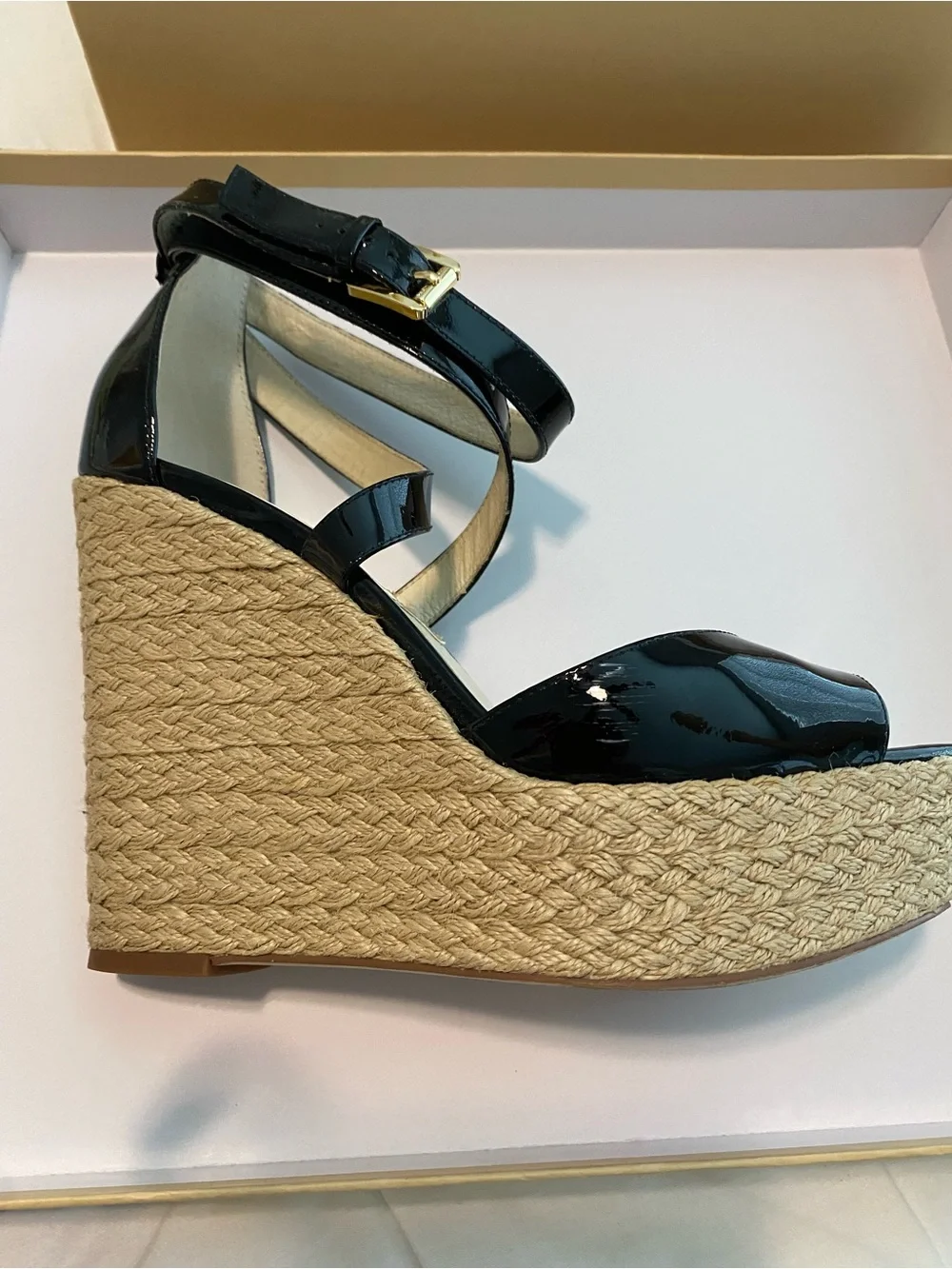 Michael Kors Black Patent Platform Sandals with Ankle Strap